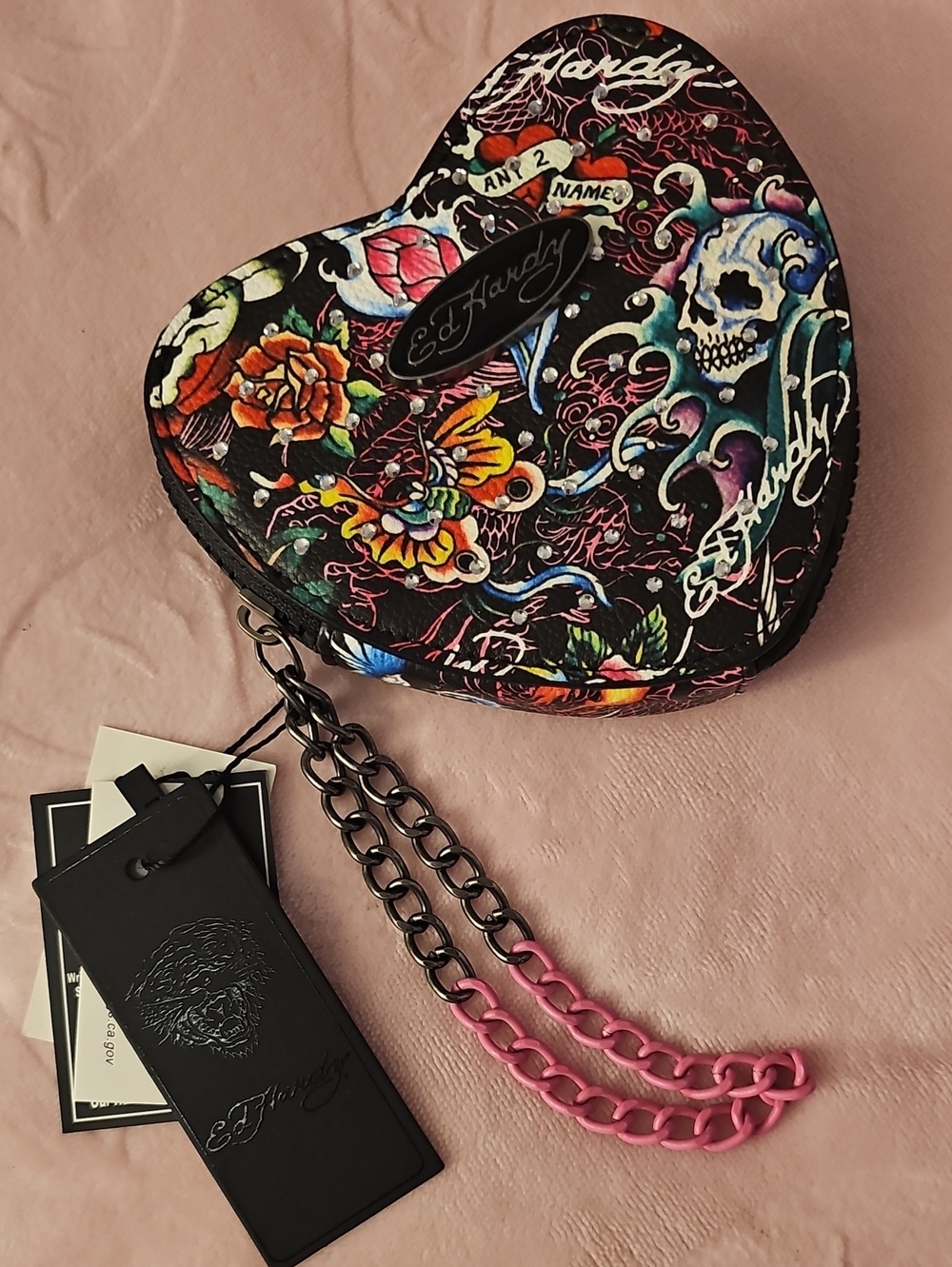 Ed Hardy Black Floral Skull Heart-Shaped Wristlet with Chain Accent